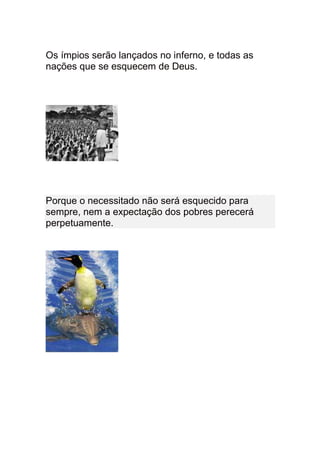 Os ímpios serão lançados no inferno, e todas as
nações que se esquecem de Deus.




Porque o necessitado não será esquecido para
sempre, nem a expectação dos pobres perecerá
perpetuamente.
 