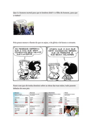 Que é o homem mortal para que te lembres dele? e o filho do homem, para que
o visites?




Pois pouco menor o fizeste do que os anjos, e de glória e de honra o coroaste.




Fazes com que ele tenha domínio sobre as obras das tuas mãos; tudo puseste
debaixo de seus pés:
 