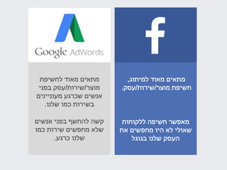 ‫ללקוחות‬ ‫חשיפה‬ ‫מאפשר‬
‫את‬ ‫מחפשים‬ ‫היו‬ ‫לא‬ ‫שאולי‬
‫בגוגל‬ ‫שלנו‬ ‫העסק‬
‫לחשיפת‬ ‫מאוד‬ ‫מתאים‬
‫מוצר‬/‫שירות‬/‫בפני‬ ‫עסק‬
‫מעוניינים‬ ‫שכרגע‬ ‫אנשים‬
‫שלנו‬ ‫כמו‬ ‫בשירות‬.
‫אנשים‬ ‫בפני‬ ‫להחשף‬ ‫קשה‬
‫כמו‬ ‫שירות‬ ‫מחפשים‬ ‫שלא‬
‫כרגע‬ ‫שלנו‬.
‫למיתוג‬ ‫מאוד‬ ‫מתאים‬,
‫מוצר‬ ‫חשיפת‬/‫שירות‬/‫עסק‬.
 