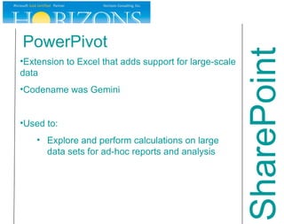 PowerPivot Extension to Excel that adds support for large-scale data Codename was Gemini Used to: Explore and perform calculations on large data sets for ad-hoc reports and analysis SharePoint 