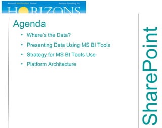 Agenda Where’s the Data? Presenting Data Using MS BI Tools Strategy for MS BI Tools Use Platform Architecture SharePoint 