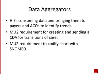 Data Aggregators 
• HIEs consuming data and bringing them to 
payers and ACOs to identify trends. 
• MU2 requirement for c...