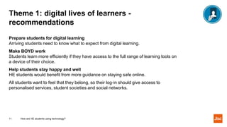 Theme 1: digital lives of learners -
recommendations
Prepare students for digital learning
Arriving students need to know what to expect from digital learning.
Make BOYD work
Students learn more efficiently if they have access to the full range of learning tools on
a device of their choice.
Help students stay happy and well
HE students would benefit from more guidance on staying safe online.
All students want to feel that they belong, so their log-in should give access to
personalised services, student societies and social networks.
11 How are HE students using technology?
 