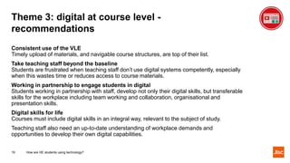 Theme 3: digital at course level -
recommendations
Consistent use of the VLE
Timely upload of materials, and navigable course structures, are top of their list.
Take teaching staff beyond the baseline
Students are frustrated when teaching staff don’t use digital systems competently, especially
when this wastes time or reduces access to course materials.
Working in partnership to engage students in digital
Students working in partnership with staff, develop not only their digital skills, but transferable
skills for the workplace including team working and collaboration, organisational and
presentation skills.
Digital skills for life
Courses must include digital skills in an integral way, relevant to the subject of study.
Teaching staff also need an up-to-date understanding of workplace demands and
opportunities to develop their own digital capabilities.
19 How are HE students using technology?
 