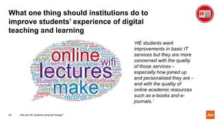 What one thing should institutions do to
improve students’ experience of digital
teaching and learning
How are HE students using technology?20
‘HE students want
improvements in basic IT
services but they are more
concerned with the quality
of those services –
especially how joined up
and personalised they are -
and with the quality of
online academic resources
such as e-books and e-
journals.’
 