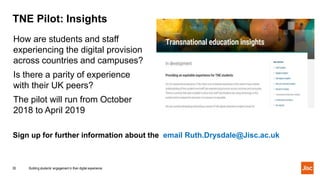 TNE Pilot: Insights
Building students’ engagement in their digital experience26
Sign up for further information about the email Ruth.Drysdale@Jisc.ac.uk
How are students and staff
experiencing the digital provision
across countries and campuses?
Is there a parity of experience
with their UK peers?
The pilot will run from October
2018 to April 2019
 