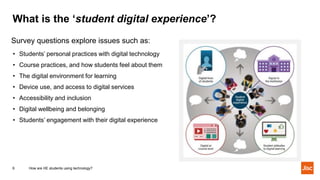 What is the ‘student digital experience’?
How are HE students using technology?6
Survey questions explore issues such as:
• Students’ personal practices with digital technology
• Course practices, and how students feel about them
• The digital environment for learning
• Device use, and access to digital services
• Accessibility and inclusion
• Digital wellbeing and belonging
• Students’ engagement with their digital experience
 