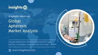Global
Apheresis
Market Analysis
A sample report on
www.insights10.com
Includes Market Size, Market Segmented by Types
and Key Competitors (Data forecasts from 2022 – 2030F)
 