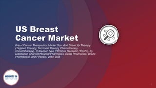 1
US Breast
Cancer Market
Breast Cancer Therapeutics Market Size, And Share, By Therapy
(Targeted Therapy, Hormonal Therapy, Chemotherapy,
Immunotherapy), By Cancer Type (Hormone Receptor, HER2+), By
Distribution Channel (Hospital Pharmacies, Retail Pharmacies, Online
Pharmacies), and Forecast, 2019-2028
 