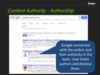 Content Authority - Authorship

Google concerned
with the author and
their authority in the
topic, now tracks
authors and displays
them.

 