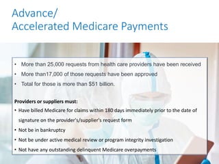 Advance/
Accelerated Medicare Payments
• More than 25,000 requests from health care providers have been received
• More than17,000 of those requests have been approved
• Total for those is more than $51 billion.
Providers or suppliers must:
• Have billed Medicare for claims within 180 days immediately prior to the date of
signature on the provider's/supplier's request form
• Not be in bankruptcy
• Not be under active medical review or program integrity investigation
• Not have any outstanding delinquent Medicare overpayments
 