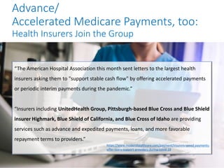 Advance/
Accelerated Medicare Payments, too:
Health Insurers Join the Group
“The American Hospital Association this month sent letters to the largest health
insurers asking them to "support stable cash flow" by offering accelerated payments
or periodic interim payments during the pandemic.”
“Insurers including UnitedHealth Group, Pittsburgh-based Blue Cross and Blue Shield
insurer Highmark, Blue Shield of California, and Blue Cross of Idaho are providing
services such as advance and expedited payments, loans, and more favorable
repayment terms to providers.”
https://www.modernhealthcare.com/payment/insurers-speed-payments-
offer-loans-support-providers-during-covid-19
 