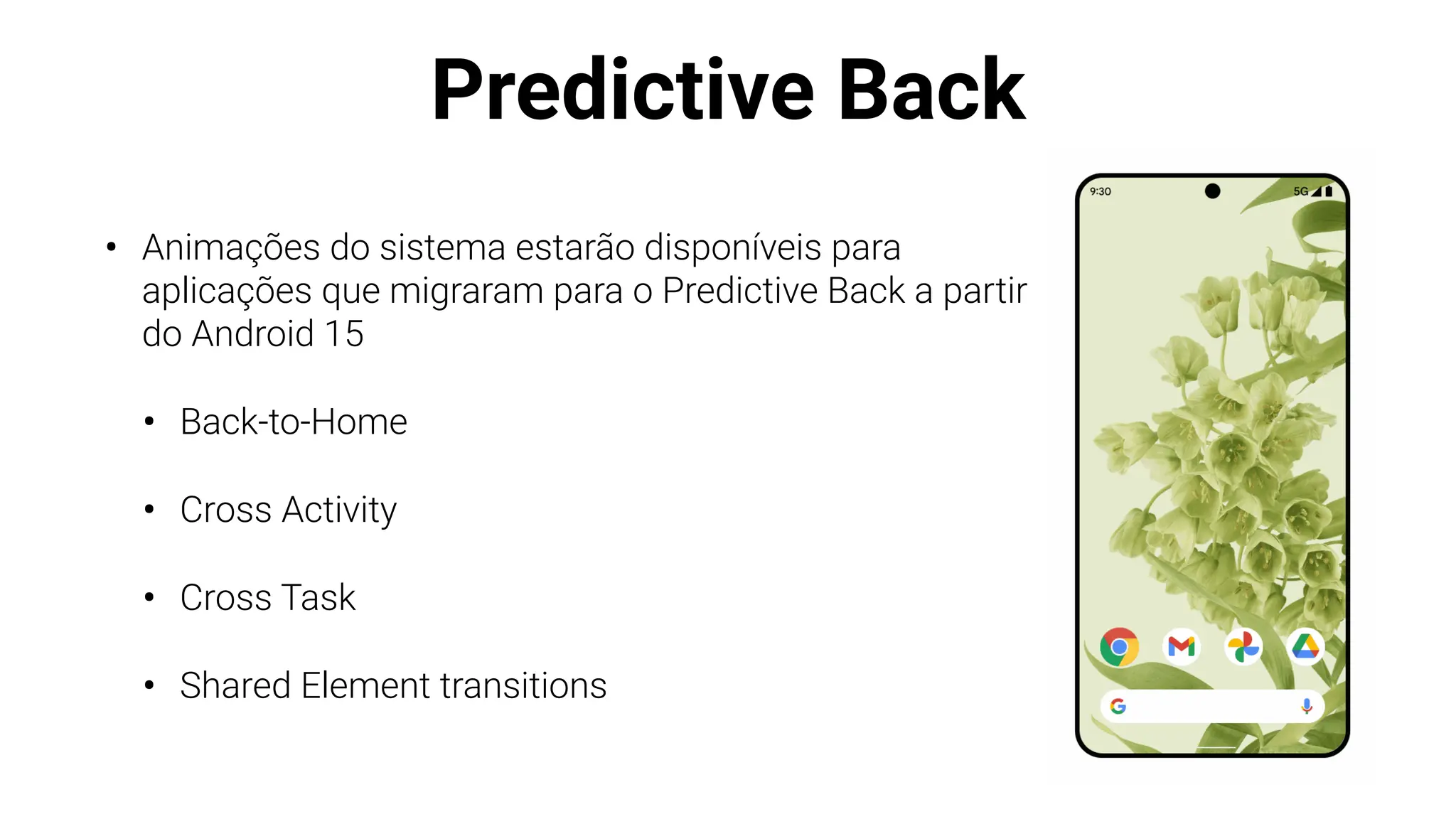 Predictive Back
• Animações do sistema estarão disponíveis para
aplicações que migraram para o Predictive Back a partir
do Android 15
• Back-to-Home
• Cross Activity
• Cross Task
• Shared Element transitions
 