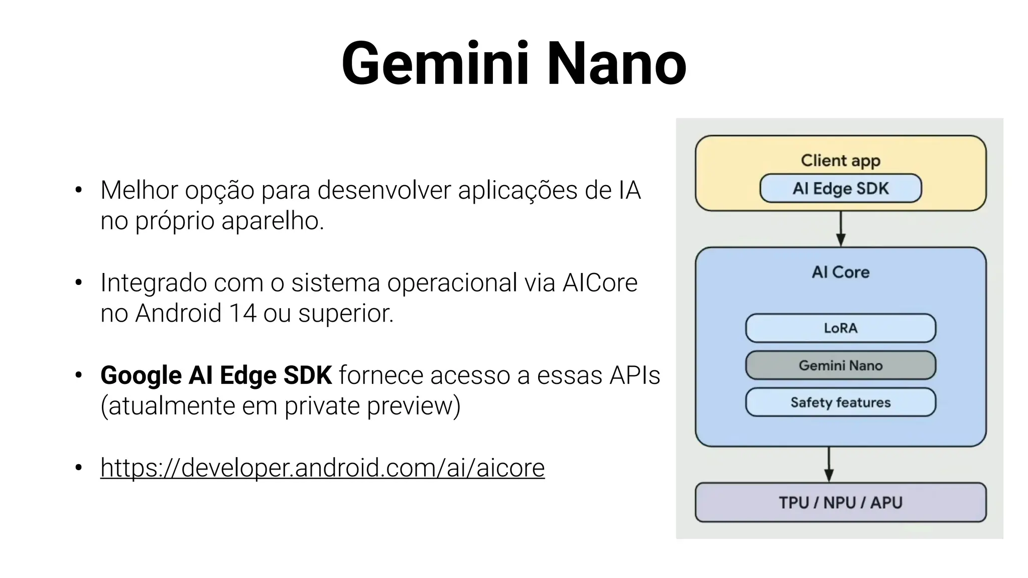 Gemini Nano
• Melhor opção para desenvolver aplicações de IA
no próprio aparelho.
• Integrado com o sistema operacional via AICore
no Android 14 ou superior.
• Google AI Edge SDK fornece acesso a essas APIs
(atualmente em private preview)
• https://developer.android.com/ai/aicore
 