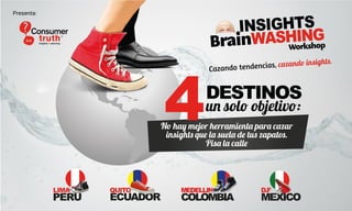 Presenta:

,

DESTINOS
un solo objetivo:
No hay mejor herramienta para cazar
insights que la suela de tus zapatos.
Pisa la calle

 