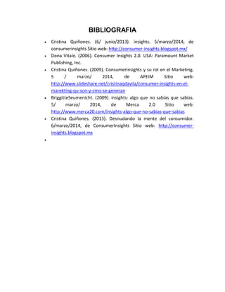 BIBLIOGRAFIA
Cristina Quiñones. (6/ junio/2013). insights. 5/marzo/2014, de
consumerinsights Sitio web: http://consumer-insights.blogspot.mx/
Dona Vitale. (2006). Consumer Insights 2.0. USA: Paramount Market
Publishing, Inc.
Cristina Quiñones. (2009). ConsumerInsights y su rol en el Marketing.
5
/
marzo/
2014,
de
APEIM
Sitio
web:
http://www.slideshare.net/cristinaqdavila/consumer-insights-en-elmarekting-qu-son-y-cmo-se-generan
BriggitteSeumenicht. (2009). insights: algo que no sabías que sabías.
5/
marzo/
2014,
de
Merca
2.0
Sitio
web:
http://www.merca20.com/insights-algo-que-no-sabias-que-sabias
Cristina Quiñones. (2013). Desnudando la mente del consumidor.
6/marzo/2014, de ConsumerInsights Sitio web: http://consumerinsights.blogspot.mx

 