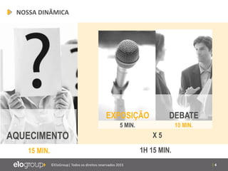 | 4©EloGroup| Todos os direitos reservados 2015
NOSSA DINÂMICA
AQUECIMENTO
15 MIN.
EXPOSIÇÃO DEBATE
5 MIN. 10 MIN.
1H 15 MIN.
X 5
 