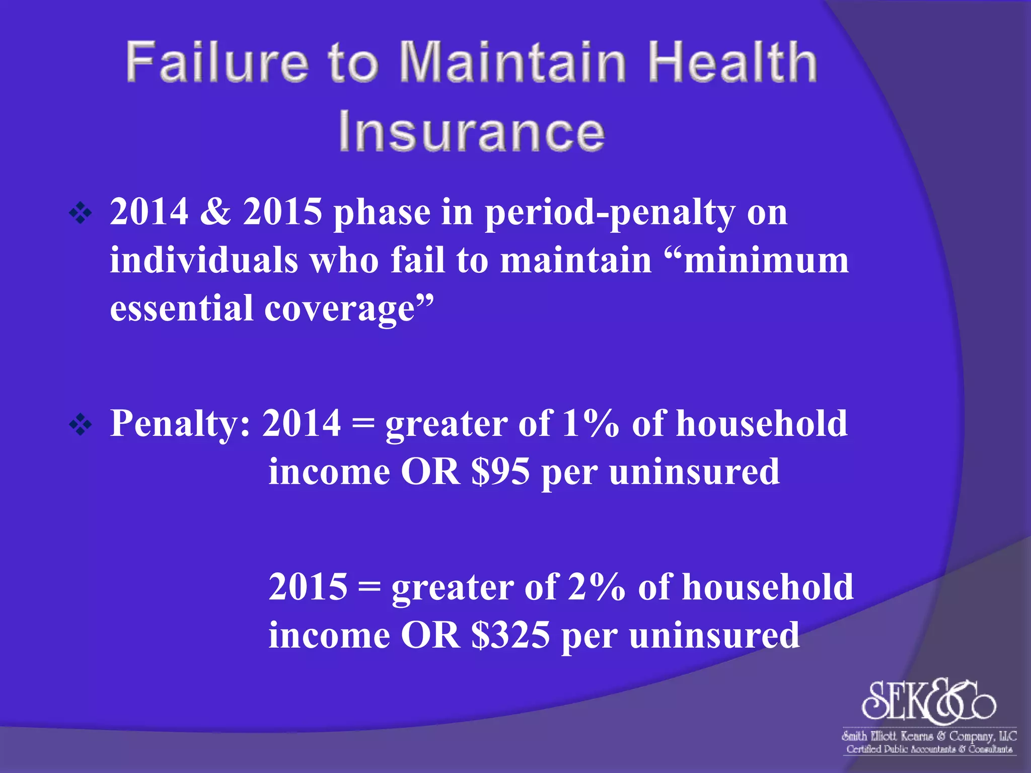 

2014 & 2015 phase in period-penalty on
individuals who fail to maintain “minimum
essential coverage”



Penalty: 2014 = greater of 1% of household
income OR $95 per uninsured
2015 = greater of 2% of household
income OR $325 per uninsured

 
