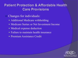

Changes for individuals:
 Additional Medicare withholding
 Medicare Surtax or Net Investment Income
 Medical expense deduction
 Failure to maintain health insurance
 Premium Assistance Credit

 
