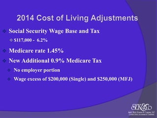 

Social Security Wage Base and Tax
 $117,000 - 6.2%



Medicare rate 1.45%



New Additional 0.9% Medicare Tax


No employer portion



Wage excess of $200,000 (Single) and $250,000 (MFJ)

 