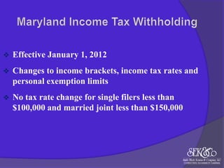 

Effective January 1, 2012



Changes to income brackets, income tax rates and
personal exemption limits



No tax rate change for single filers less than
$100,000 and married joint less than $150,000

 
