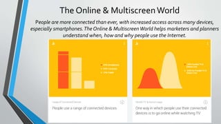 The Online & MultiscreenWorld
People are more connected than ever, with increased access across many devices,
especially smartphones.The Online & MultiscreenWorld helps marketers and planners
understand when, how and why people use the Internet.
 