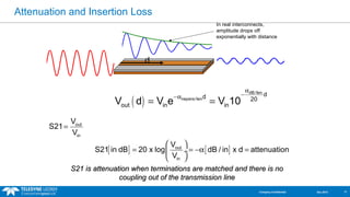 Attenuation and Insertion Loss 
In real interconnects, 
amplitude drops off 
exponentially with distance 
d 
( ) dB/len 
nepers/len 
d d 20 
out in in V d V e V 10 
a 
-a - = = 
S21 V 
æ ö 
S21 in dB 20 x log V dB / in x d attenuation 
= ç ¸= -a = 
V 
è ø 
SS2211 iiss aatttteennuuaattiioonn wwhheenn tteerrmmiinnaattiioonnss aarree mmaattcchheedd aanndd tthheerree iiss nnoo 
ccoouupplliinngg oouutt ooff tthhee ttrraannssmmiissssiioonn lliinnee 
out 
in 
V 
= 
[ ] out [ ] 
in 
Company Confidential Dec 2013 17 
 