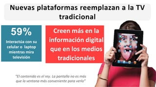 Nuevas plataformas reemplazan a la TV
tradicional
Creen más en la
información digital
que en los medios
tradicionales
“El contenido es el rey. La pantalla no es más
que la ventana más conveniente para verlo”
59%
Interactúa con su
celular o laptop
mientras mira
televisión
 