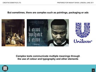PREPARED FOR INSIGHT SHOW, LONDON, JUNE 2011CREATIVE SEMIOTICS LTD.But sometimes, there are complex such as paintings, packaging or adsComplex texts communicate multiple meanings through the use of colour and typography and other elements5