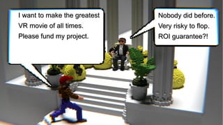Insights into cinematic VR - © 2015 by www.GordonsArca.de 9
I want to make the greatestI want to make the greatest
VR movie of all times.VR movie of all times.
Please fund my project.Please fund my project.
Nobody did before.Nobody did before.
Very risky to flop.Very risky to flop.
ROI guarantee?!ROI guarantee?!
 