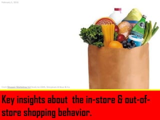 February 3, 2010




From Shopper Marketing 3.0 Study by GMA, Shespeaks & Booz & Co.




Key insights about the in-store & out-of-
store shopping behavior.
 