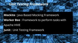 Unit Testing Framework
1
6
Mockito : Java Based Mocking Framework
Worker Bee : Framework to perform tasks with
Apache HIVE
Junit : Unit Testing Framework
©ThoughtWorks 2019 Commercial in Confidence
 