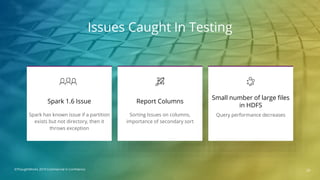 Issues Caught In Testing
Spark has known issue if a partition
exists but not directory, then it
throws exception
Spark 1.6 Issue
Sorting Issues on columns,
importance of secondary sort
Report Columns
Query performance decreases
Small number of large files
in HDFS
29©ThoughtWorks 2019 Commercial in Confidence
 