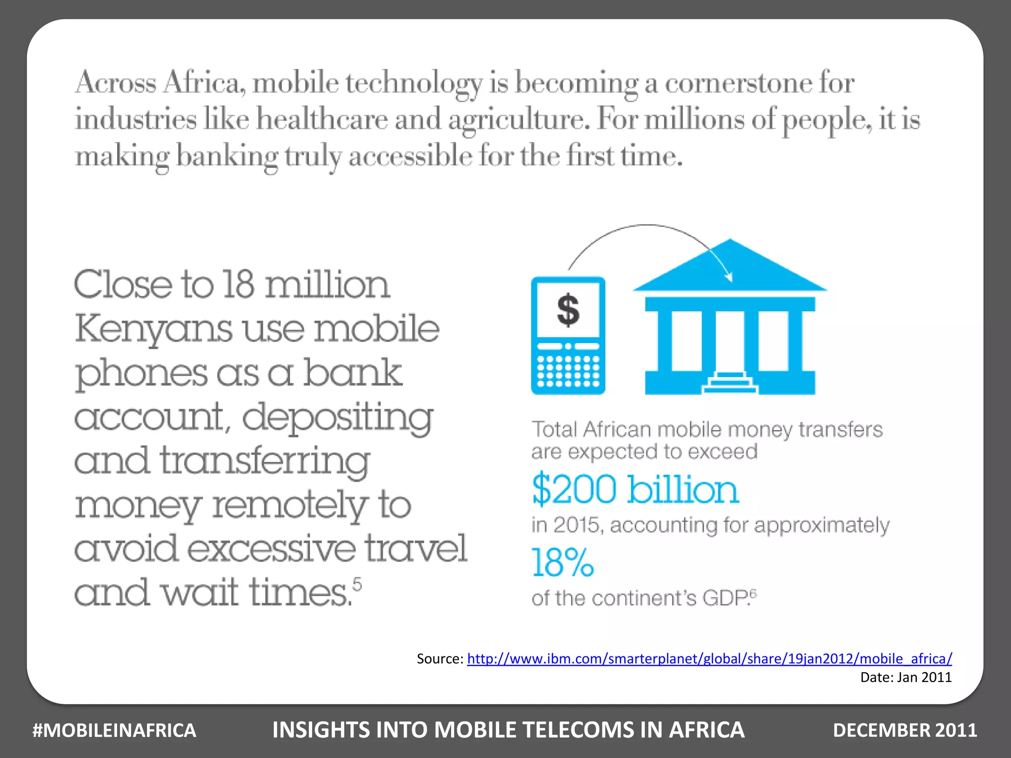Source: http://www.ibm.com/smarterplanet/global/share/19jan2012/mobile_africa/
                                                                                             Date: Jan 2011


#MOBILEINAFRICA   INSIGHTS INTO MOBILE TELECOMS IN AFRICA                                DECEMBER 2011
 