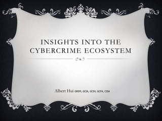 INSIGHTS INTO THE
CYBERCRIME ECOSYSTEM
Albert Hui GREM, GCIA, GCIH, GCFA, CISA
 