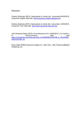 Bibliografía

Cristina Quiñones (2013), Desnudando la mente del consumidor,04/03/2014,
Consumer insights ,Sitio web http://consumer-insights.blogspot.mx/

Cristina Quiñones (2013), Desnudando la mente del consumidor, 04/03/2014,
Consumer Truth ,Sitio web http://www.consumer-truth.com.pe/

Joel Vilcapoma Rojas (2012), NeuroMarketing Perú, 04/03/2014, Los Insights y
el
Neuromarketing
,Sitio
web
https://m.facebook.com/note.php?note_id=494085067278319&_ft_=fbid.49408
5067278319&_rdr

Dona Vitale (2006).Consumer Insights 2.0 . New York , USA, ParamountMarket
Publishing, Inc .

 
