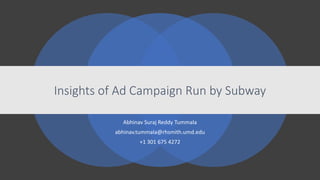 Insights of Ad Campaign Run by Subway
Abhinav Suraj Reddy Tummala
abhinav.tummala@rhsmith.umd.edu
+1 301 675 4272
 