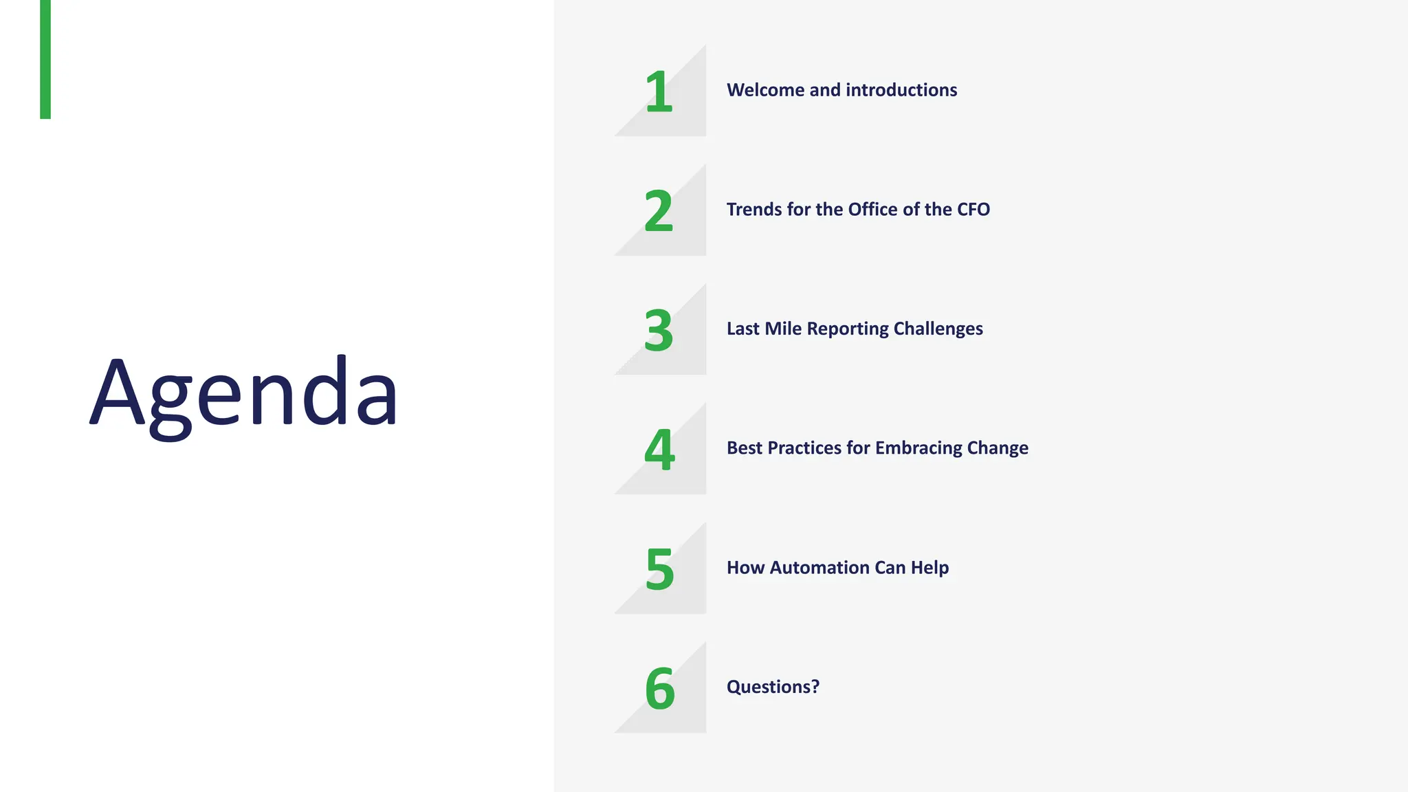 Agenda
2
3
4
5
6
Welcome and introductions
Trends for the Office of the CFO
Last Mile Reporting Challenges
Best Practices for Embracing Change
How Automation Can Help
Questions?
1
 