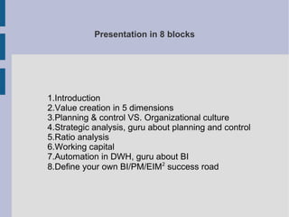 Presentation in 8 blocks

1.Introduction
2.Value creation in 5 dimensions
3.Planning & control VS. Organizational culture
4.Strategic analysis, guru about planning and control
5.Ratio analysis
6.Working capital
7.Automation in DWH, guru about BI
8.Define your own BI/PM/EIM2 success road

 