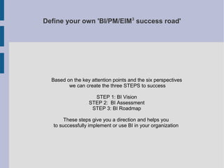 Define your own 'BI/PM/EIM3 success road'

Based on the key attention points and the six perspectives
we can create the three STEPS to success
STEP 1: BI Vision
STEP 2: BI Assessment
STEP 3: BI Roadmap
These steps give you a direction and helps you
to successfully implement or use BI in your organization

 