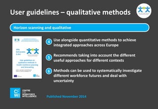 User guidelines – qualitative methods 
Horizon scanning and qualitative 
Use alongside quantitative methods to achieve 
integrated approaches across Europe 
Recommends taking into account the different 
useful approaches for different contexts 
Methods can be used to systematically investigate 
different workforce futures and deal with 
uncertainty 
4 
5 
6 
Published November 2014 
 