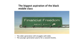 The biggest aspiration of the black
middle class
• The older generation still struggles with debt.
• The younger generation yearns for a second income.
 