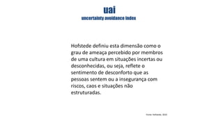uai
uncertainty avoidance index

Hofstede definiu esta dimensão como o
grau de ameaça percebido por membros
de uma cultura em situações incertas ou
desconhecidas, ou seja, reflete o
sentimento de desconforto que as
pessoas sentem ou a insegurança com
riscos, caos e situações não
estruturadas.

Fonte: Hofstede, 2010

 