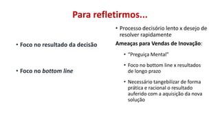 Para refletirmos...
• Foco no resultado da decisão

• Processo decisório lento x desejo de
resolver rapidamente
Ameaças para Vendas de Inovação:
• “Preguiça Mental”

• Foco no bottom line

• Foco no bottom line x resultados
de longo prazo
• Necessário tangebilizar de forma
prática e racional o resultado
auferido com a aquisição da nova
solução

 