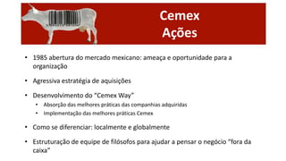 Cemex
Ações
• 1985 abertura do mercado mexicano: ameaça e oportunidade para a
organização
• Agressiva estratégia de aquisições
• Desenvolvimento do “Cemex Way”
• Absorção das melhores práticas das companhias adquiridas
• Implementação das melhores práticas Cemex

• Como se diferenciar: localmente e globalmente

• Estruturação de equipe de filósofos para ajudar a pensar o negócio “fora da
caixa”

 