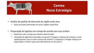 Cemex
Nova Estratégia
• Análise do padrão de demanda da região onde atua
• Quais principais demandas em quais regiões específicas

• Preparação da logística em campo de acordo com essa análise
• Betoneiras vão a campo sem destino determinado
• Utilização de algoritmos baseados em greed ("entregar o máximo de cimento, o mais
rápido possível, para o maior número de clientes") e repulsion ("renegar esforços em
duplicidade e manter cada caminhão distante um do outro”)

 