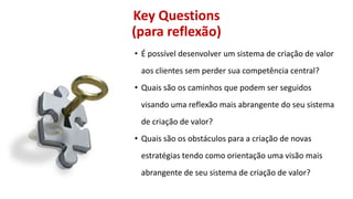 Key Questions
(para reflexão)
• É possível desenvolver um sistema de criação de valor
aos clientes sem perder sua competência central?
• Quais são os caminhos que podem ser seguidos

visando uma reflexão mais abrangente do seu sistema
de criação de valor?
• Quais são os obstáculos para a criação de novas

estratégias tendo como orientação uma visão mais
abrangente de seu sistema de criação de valor?

 