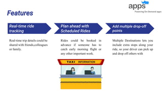 Features
Real-time ride
tracking
Real-time trip details could be
shared with friends,colleagues
or family.
Plan ahead with
Scheduled Rides
Rides could be booked in
advance if someone has to
catch early morning flight or
any other important work.
Add multiple drop-off
points
Multiple Destinations lets you
include extra stops along your
ride, so your driver can pick up
and drop off others with
 