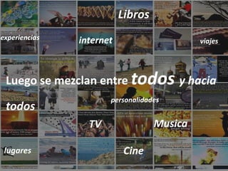 Libros
experiencias   internet                     viajes




 Luego se mezclan entre todos y hacia
                      personalidades
 todos
                 TV                Musica

 lugares                   Cine
 