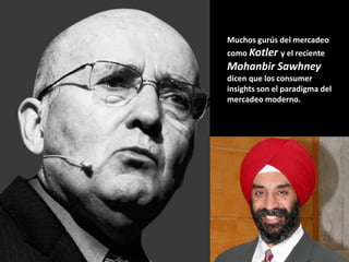 Muchos gurús del mercadeo
como Kotler y el reciente
Mohanbir Sawhney
dicen que los consumer
insights son el paradigma del
mercadeo moderno.
 